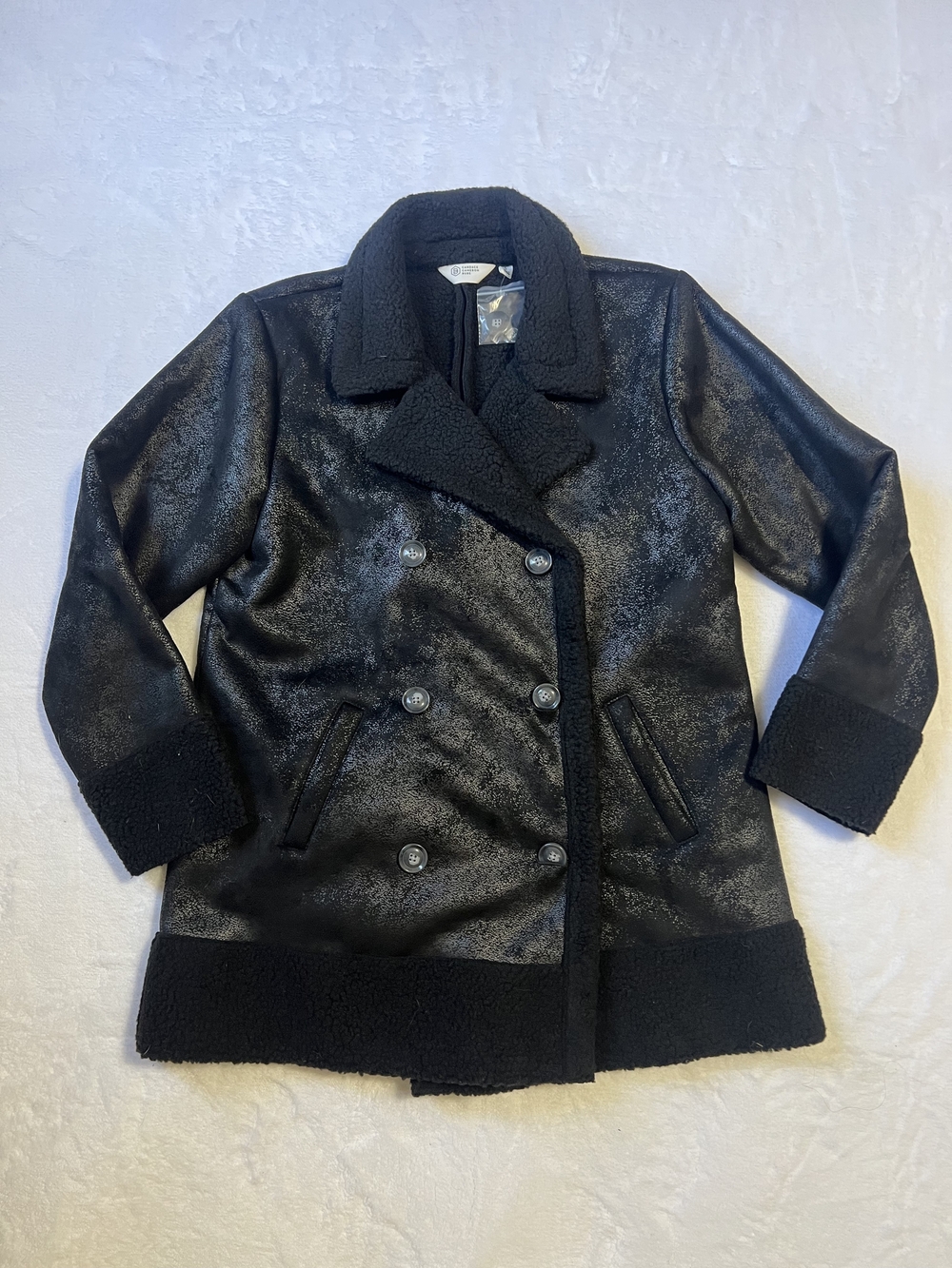 Candace Cameron Bure Black Faux Suede Sherpa‎ Lined Crackle Coat Small